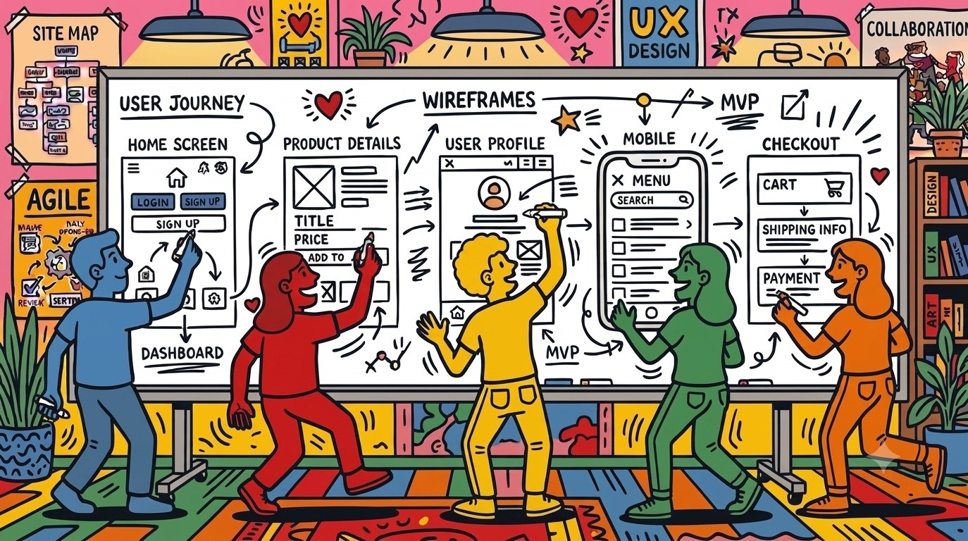 Illustrated team collaborating on UX wireframes — user journey, product details, user profile, mobile, and checkout flows on a whiteboard
