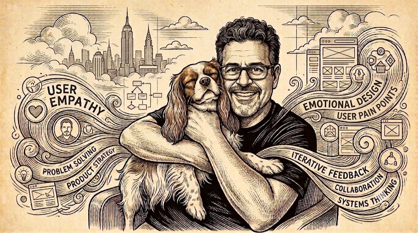 Hayes Cohen — UX and Design Director with his dog, surrounded by design concepts including user empathy, problem solving, emotional design, and systems thinking