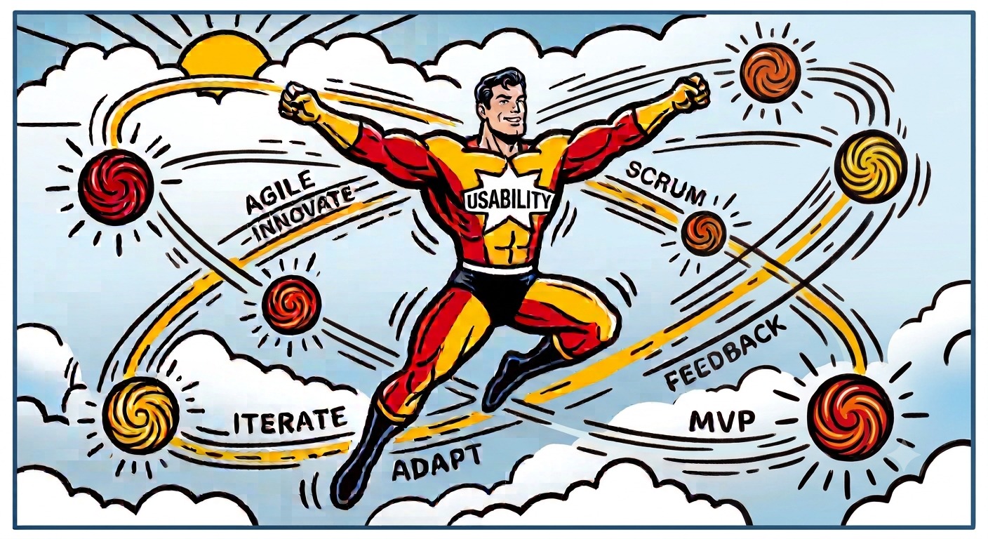 Superhero UX designer flying through agile, scrum, usability, iterate, adapt, feedback and MVP concepts